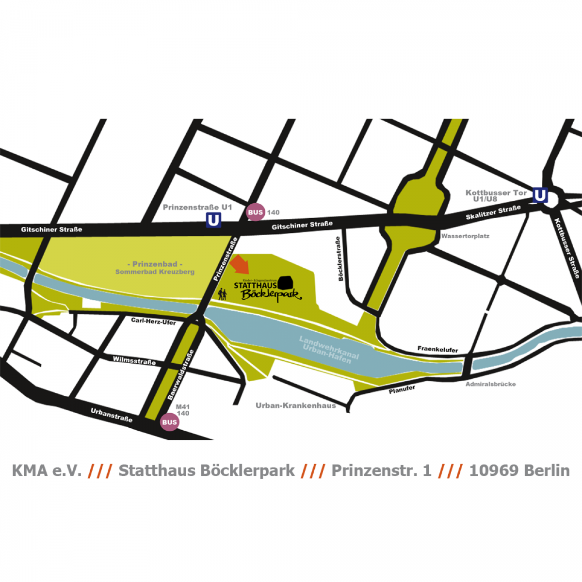 Eine einfache Straßenkarte, die die Gegend um das Statthaus Böcklerpark zeigt.